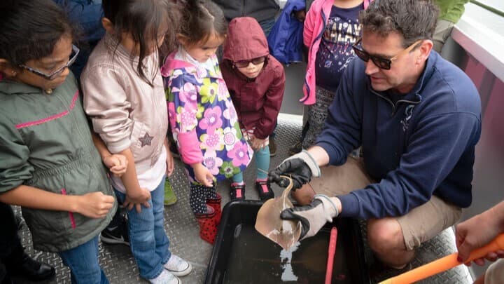 Aquarium educator on boat shows children a baby stingray collected during their Ocean Collections tour