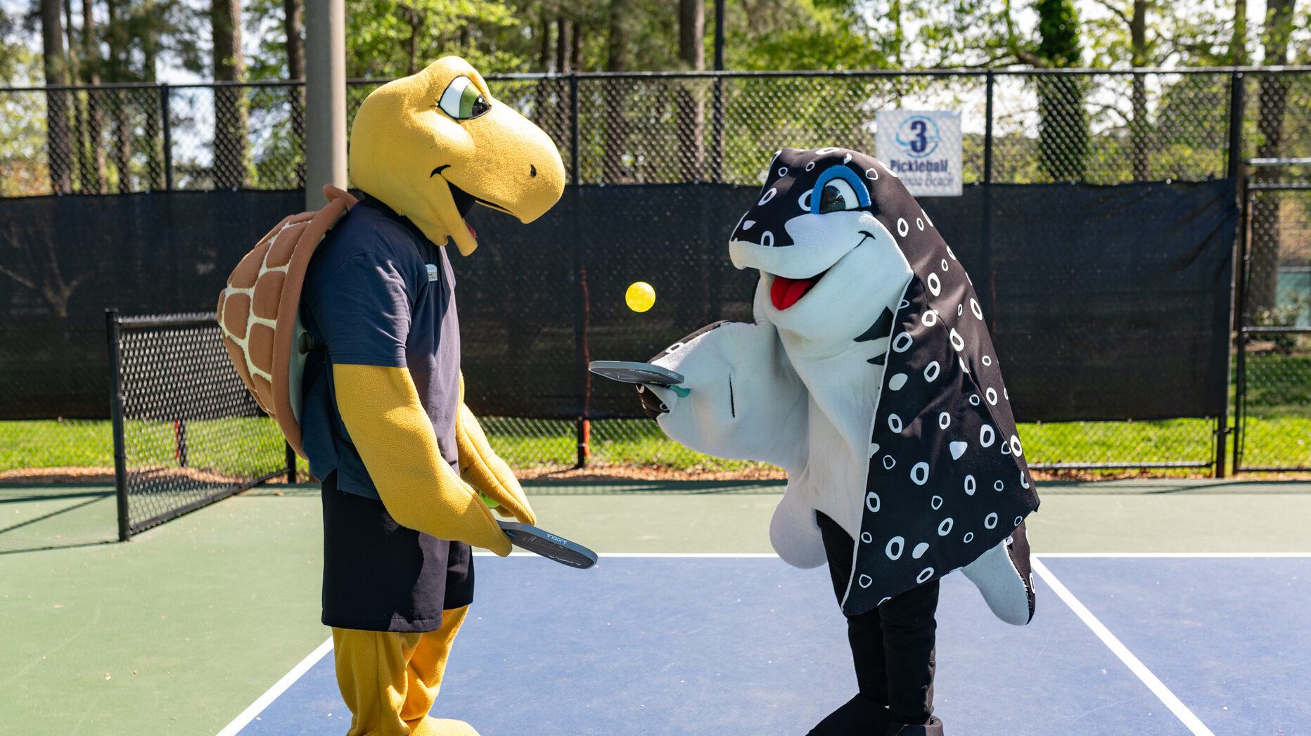 Mascots Sandy the sea turtle and Speckles the spotted eagle ray play with a pickleball and paddles on a court.